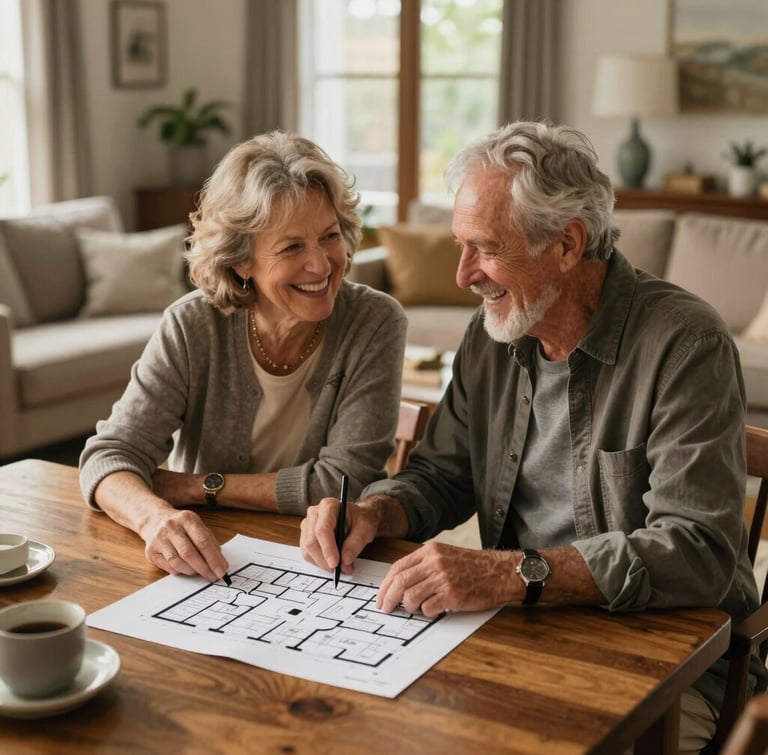 A warm, daylight-filled Naperville living room where an active older couple laughs together while reviewing a home floor plan on a wooden table, cozy residential atmosphere.