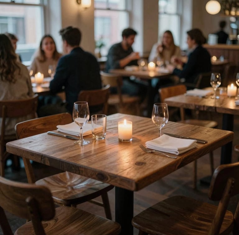 Cozy Scandinavian-style restaurant dining room at dusk, warm candlelight flickering on rustic wooden tables, guests laughing softly in the background, soft shadows, 35mm film.