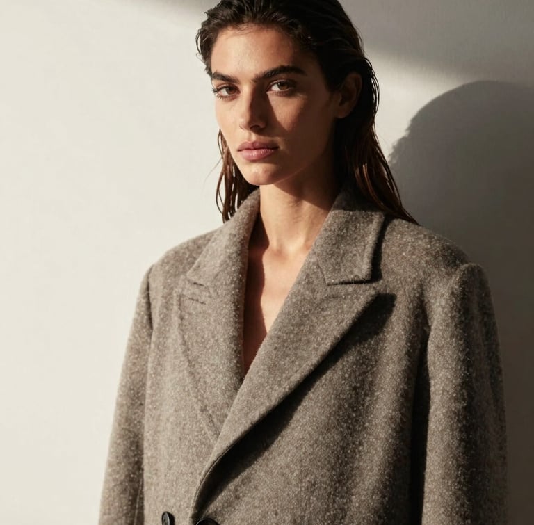 Elegant portrait of Aline Camara, a woman with a confident gaze, direct eye contact, wearing a structured wool coat, high-contrast natural side-lighting, minimalist luxury editorial style
