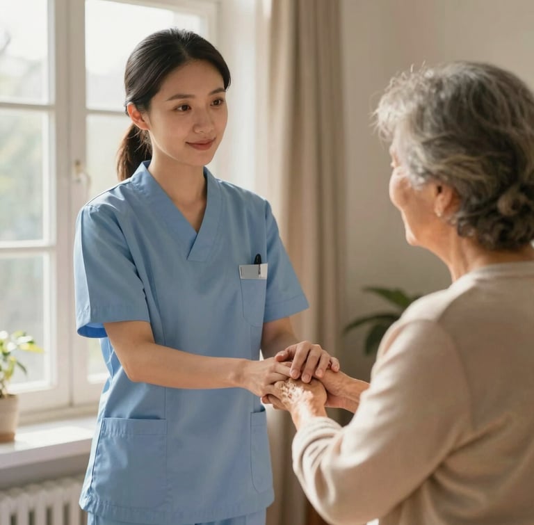 A professional female home nurse in a neat blue uniform gently holding the hand of an elderly woman by a sunlit window, warm natural light, comforting earth tones.
