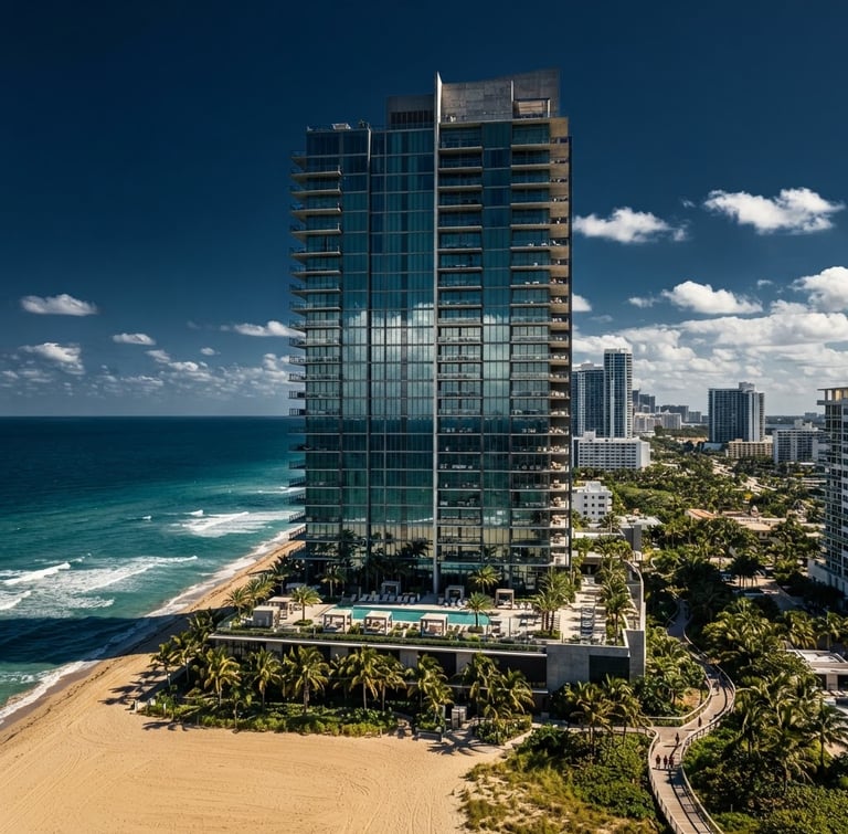 Wide panoramic view of a modern, monolithic glass and concrete high-rise building on the South Florida coast, sharp shadows, direct coastal sunlight, deep navy and gold tones, 35mm lens