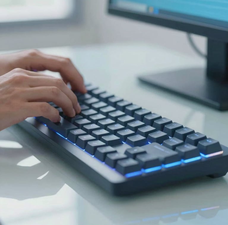 Macro close-up of professional hands typing on a clean mechanical keyboard, soft ambient blue light from a monitor reflecting on glass desk surface, sharp focus, 35mm lens.