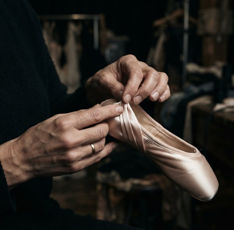 Macro editorial photograph of an artisan's hands meticulously folding export-grade satin pleats around a pointe shoe shank, soft dramatic backstage studio lighting, muted blush tones, 85mm lens