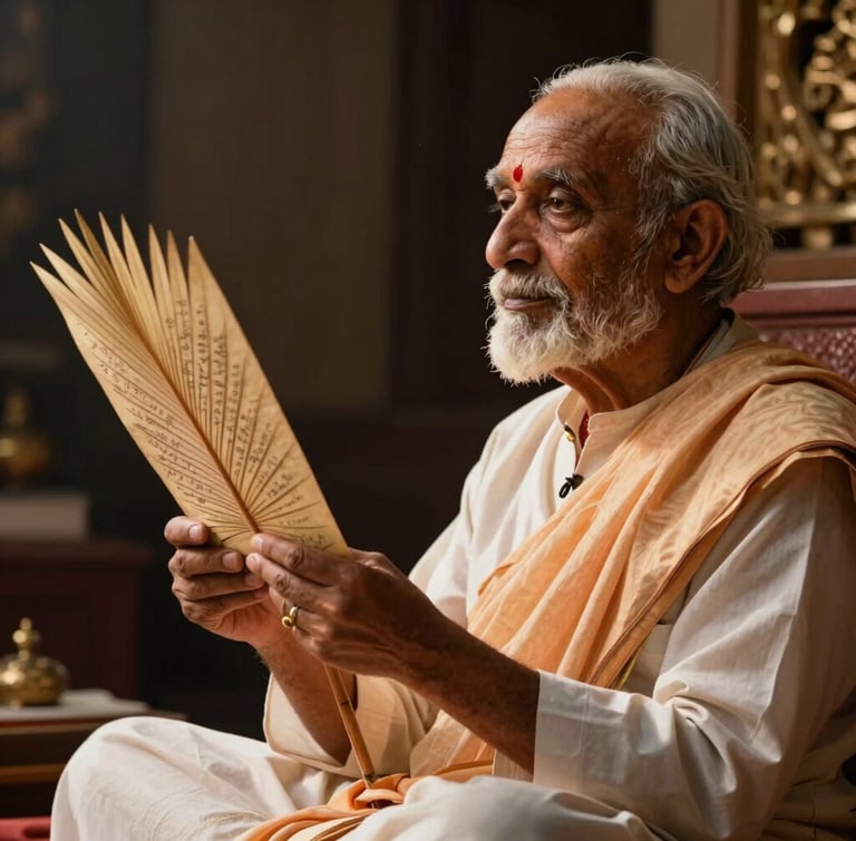 Guruji Easwaran in quiet study, side-lit by warm temple light, holding an authentic etched palm leaf, deep shadows in the background