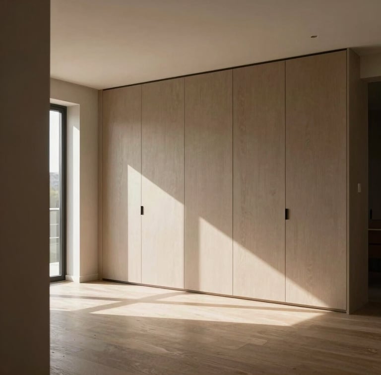 Wide environmental shot of a modern living room with custom tailored millwork, soft afternoon sun casting long shadows, warm taupe walls, 35mm lens