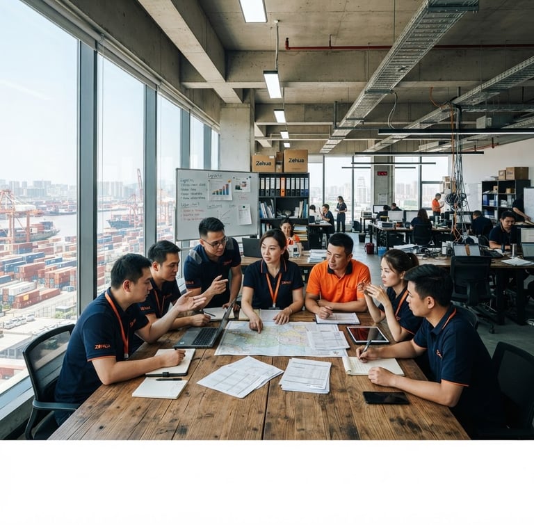 Wide panoramic shot of Yiwu Zehua Freight Forwarding office team members in a modern, brightly lit office, collaborating around a large table, industrial documentary style, bright natural daylight, high contrast, deep navy and orange tones, sharp focus, 35mm.