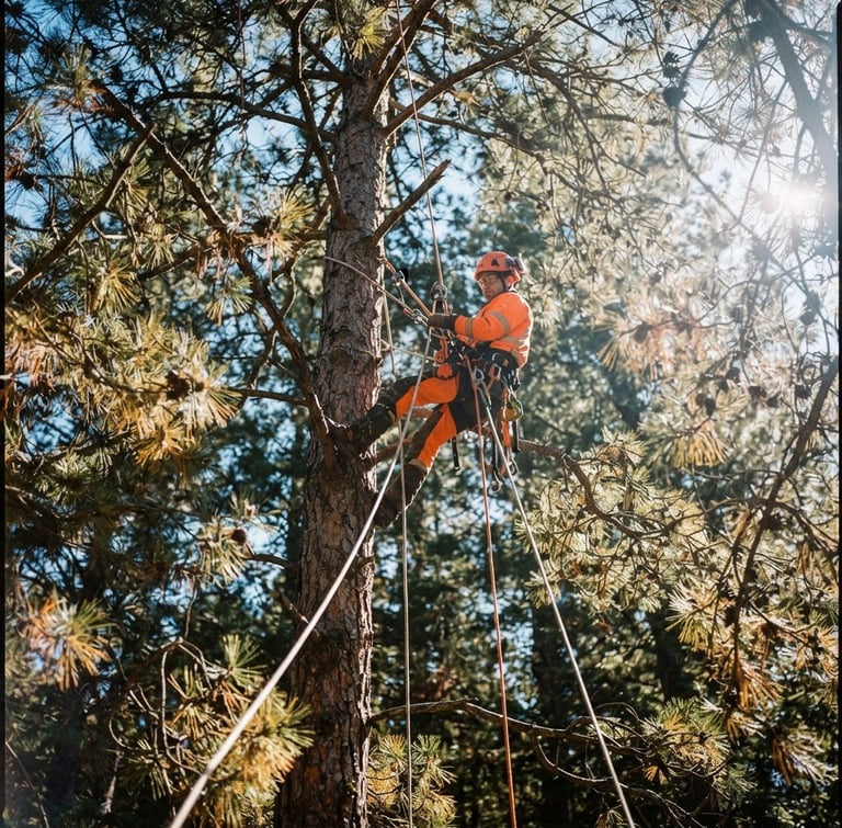 Dramatic low-angle shot looking up at a certified climber in high-visibility safety orange gear, secured with ropes high in a massive pine canopy, crisp morning sunlight filtering through branches, 35mm