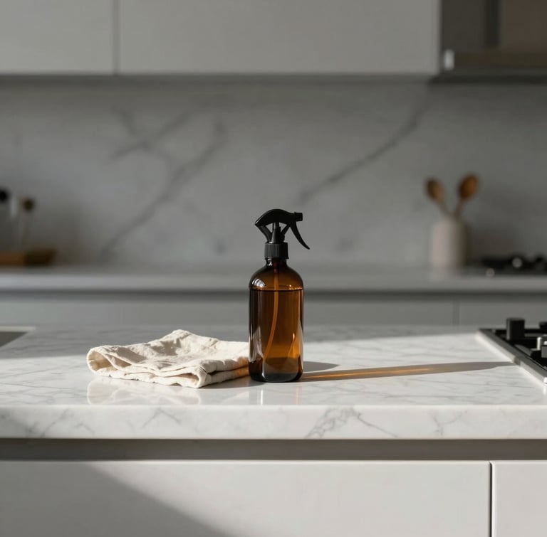 Soft morning light illuminating a minimalist kitchen counter, a simple linen cloth and amber glass spray bottle resting on pristine white marble, straight-on architectural angle.