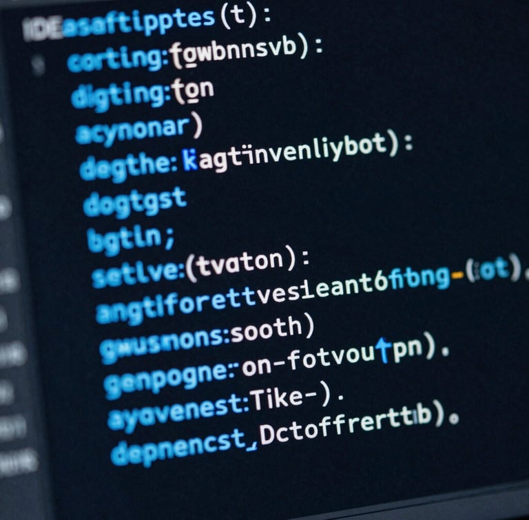 Macro shot of a dark IDE screen displaying clean Python and SQL code blocks, glowing neon-blue syntax highlighting, shallow depth of field.