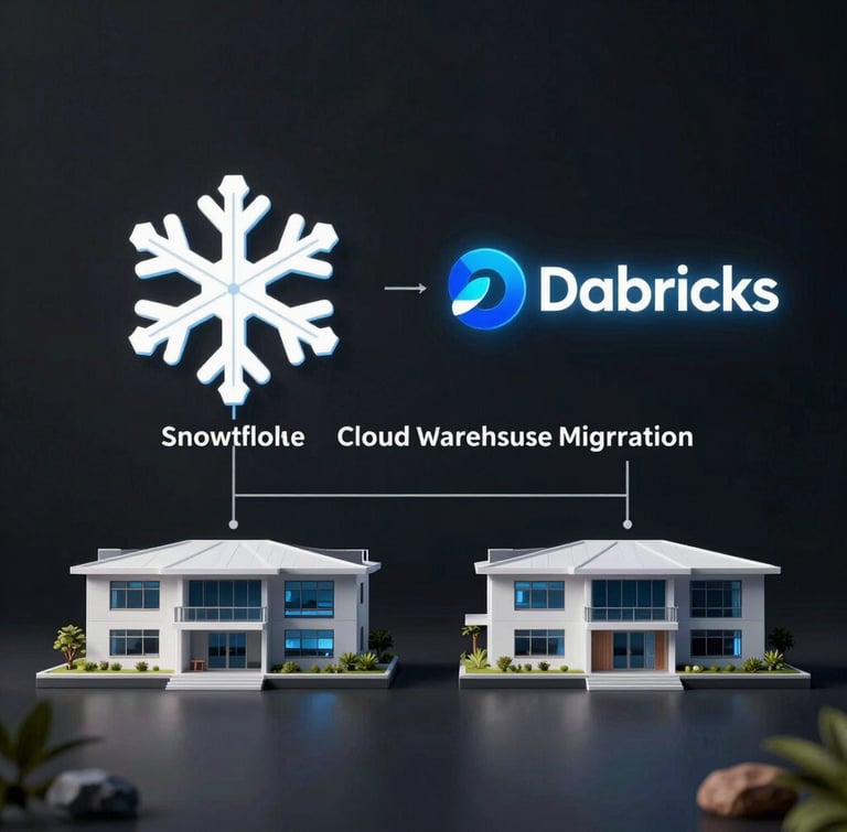 A clean architectural diagram of a Snowflake and Databricks cloud warehouse migration, technical vector lines, dark background, neon accents.