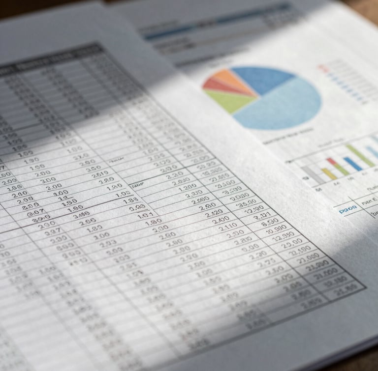 Tight macro detail of structured financial ledger sheets and analytical charts under cool overhead daylight, sharp focus, high contrast, showing no text details.