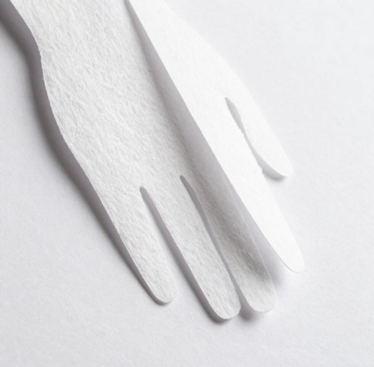 Macro detail of a hand-cut paper sculpture, side-angle capturing the physical depth, layered cotton paper, soft natural side-light casting subtle shadows, pure white background