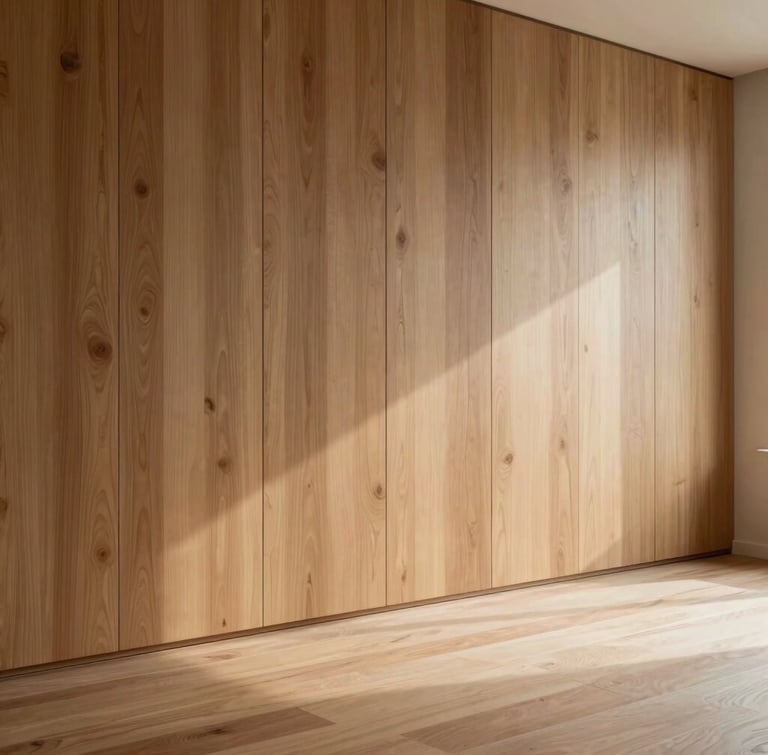 An architectural crop of bespoke floor-to-ceiling timber wall paneling in a minimalist room, soft daylight casting long shadows across the textured grain