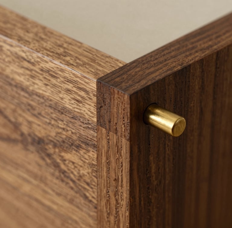 A vertical macro crop of a mortise and tenon joint in dark smoked oak, showcasing the seamless alignment of fibers and hand-finished bronze pin, warm side-lighting