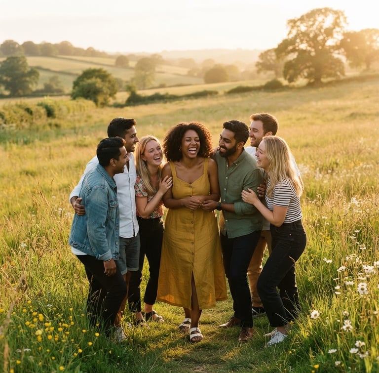 Warm environmental photography of a diverse group of people laughing together in a sun-drenched Berkshire meadow during golden hour, 35mm film aesthetic.
