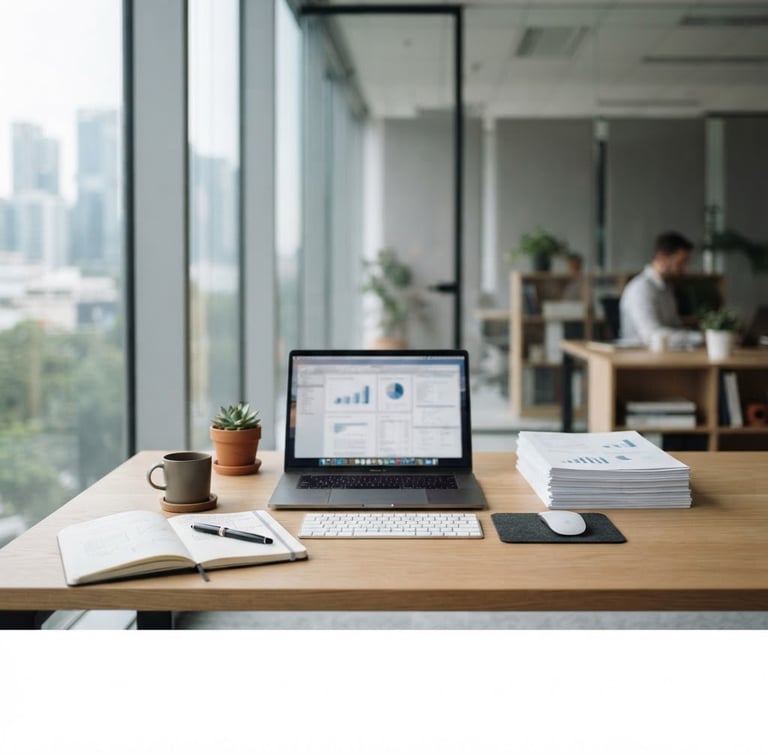 Organized modern office environment, focus on a clean desk with structured documents and a computer, soft natural daylight, 35mm