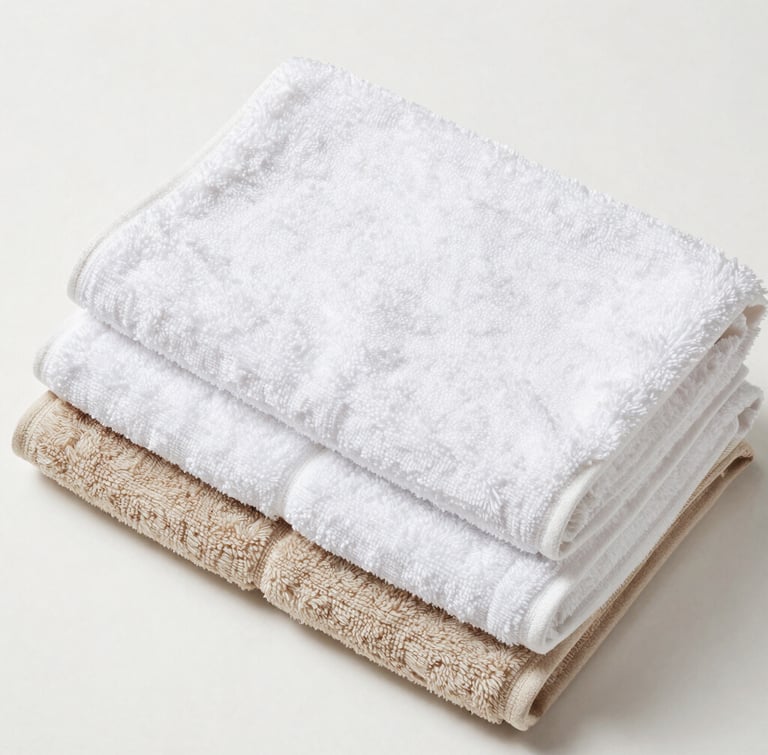 Bright clean home photography of neatly folded stacks of high-quality bath towels on a white shelf, even neutral daylight, crisp white and soft cream tones, sharp focus, 35mm