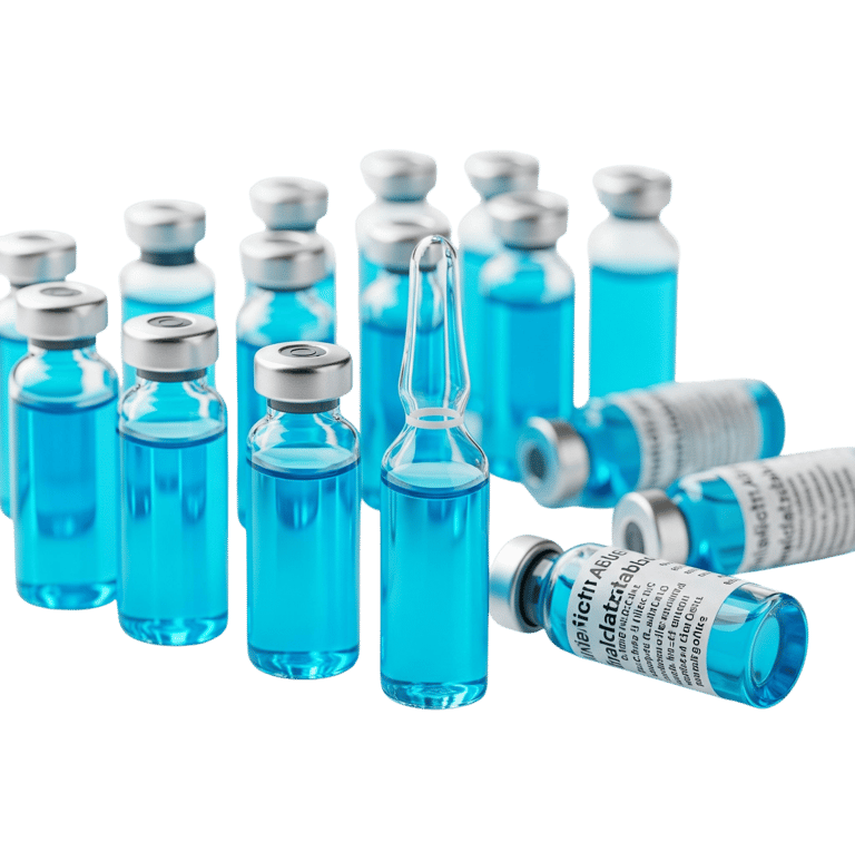 a group of bottles of blue liquid in a row of vials