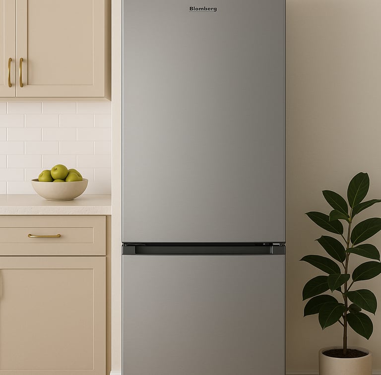 Blomberg stainless steel fridge in a beige kitchen with countertop and green apples.