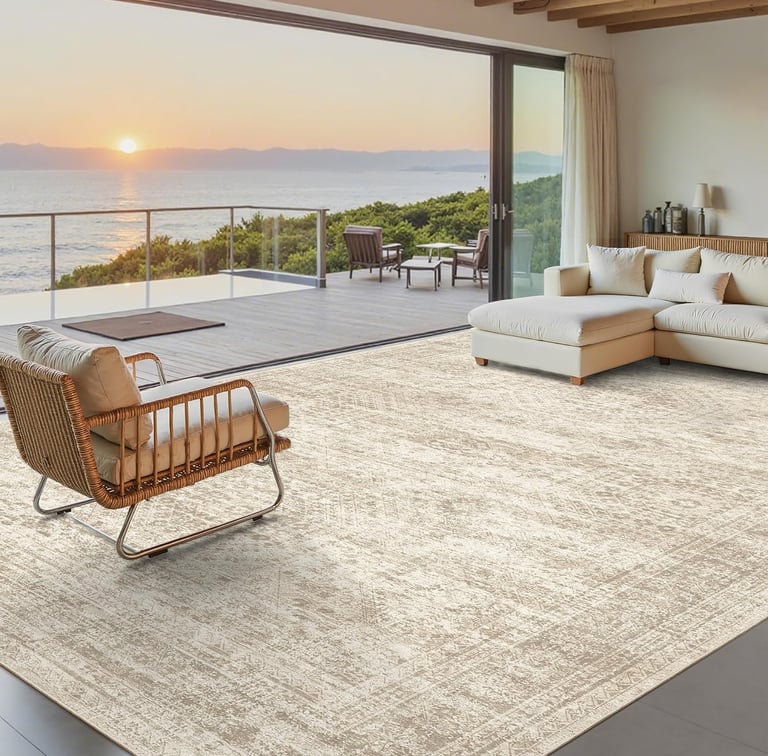 A cream-colored distressed area rug in a modern coastal living room with a sunset ocean view.