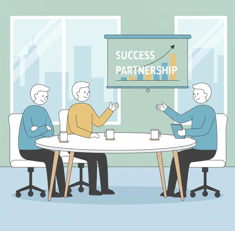 Happy healthcare clients and agency staff in a modern office setting, representing successful client