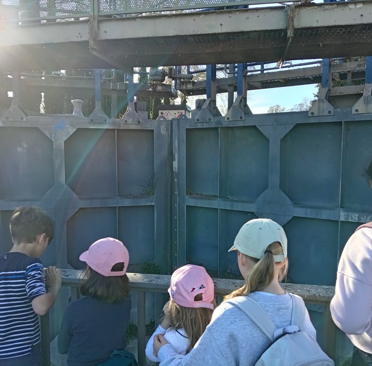 Enfants observant le fonctionnement des écluses sur le Canal du Midi lors d'un séjour éducatif 