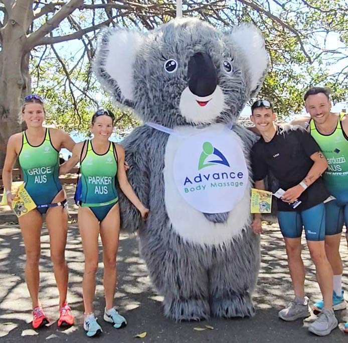 Australian Triathlon Sporting Athletes in Wollongong, standing next to Advance Body Massage Koala s 