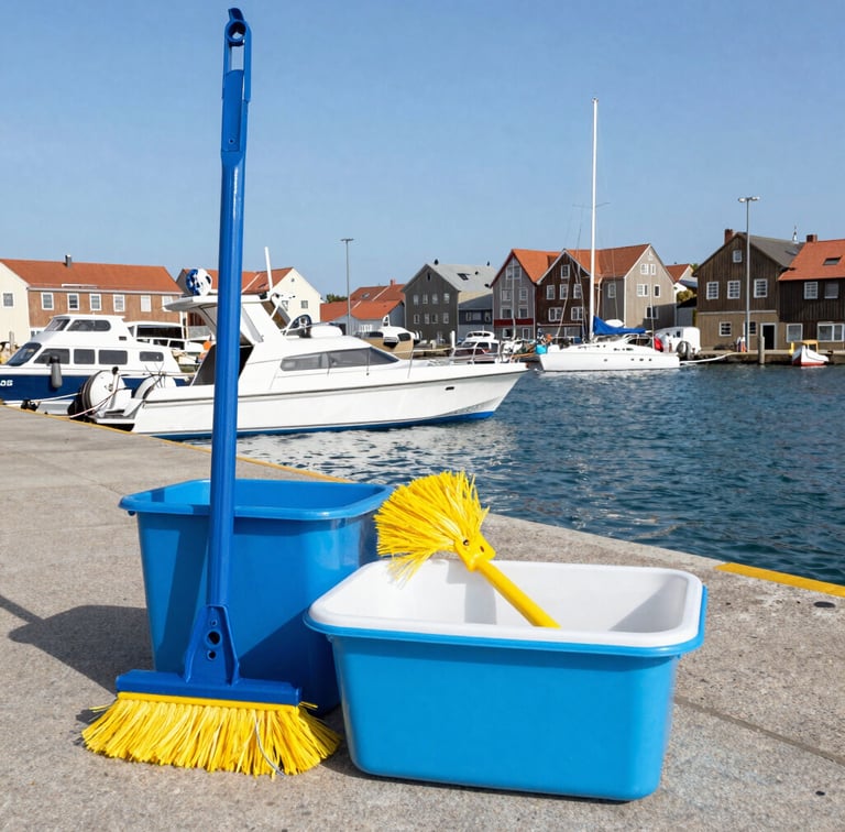 A professional cleaner in navy uniform carefully removing debris from a freshly built industrial site under bright daylight.