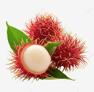 Fresh red rambutan fruit with green leaves, one peeled showing white pulp on white background.