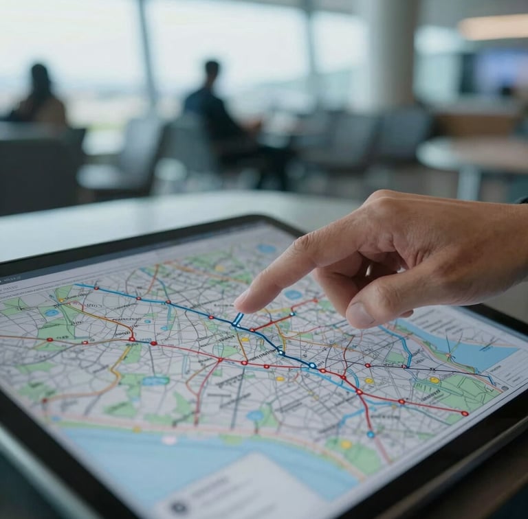 Close-up of a hand pointing at a complex flight route map on a tablet, with a blurred background of an airport lounge, natural daylight, soft blue and cool gray tones, cinematic, 35mm lens.