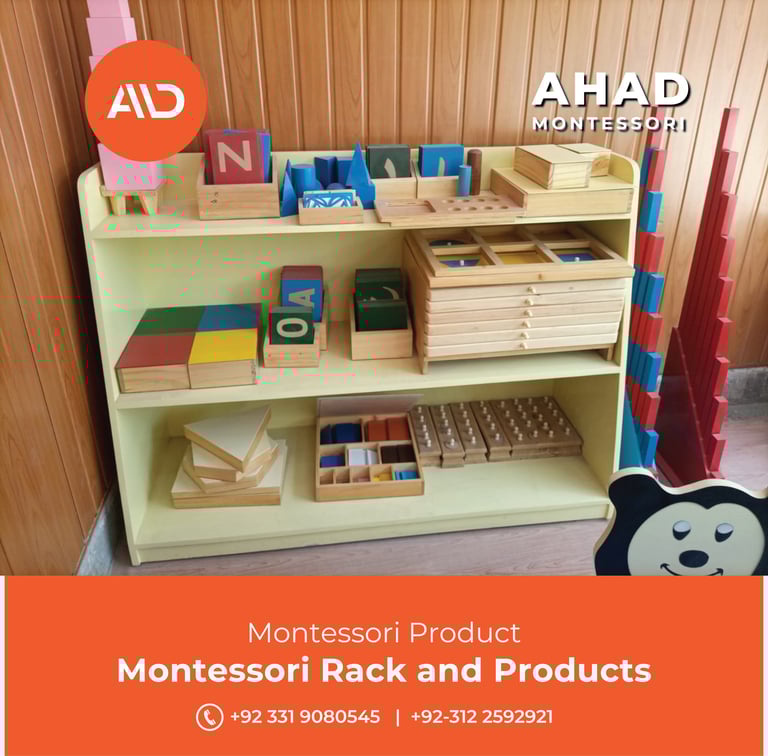 Ahad Montessori wooden shelf filled with educational products and sensory learning materials for kids.