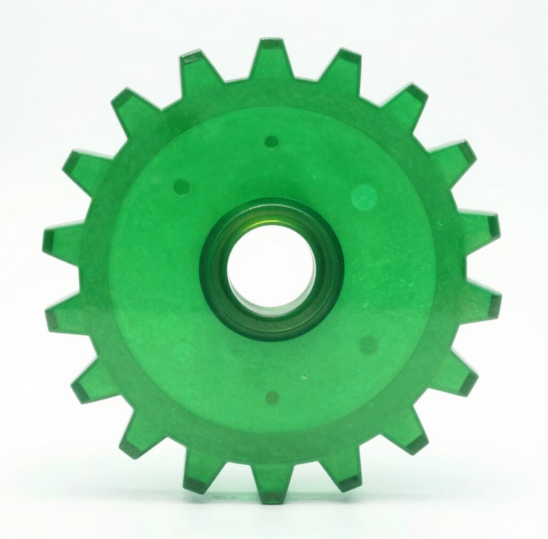 A translucent green plastic industrial gear wheel isolated on a white background.