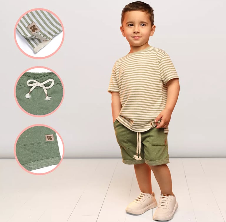 Conjunto Infantil Camiseta Listrada e Bermuda Linho
