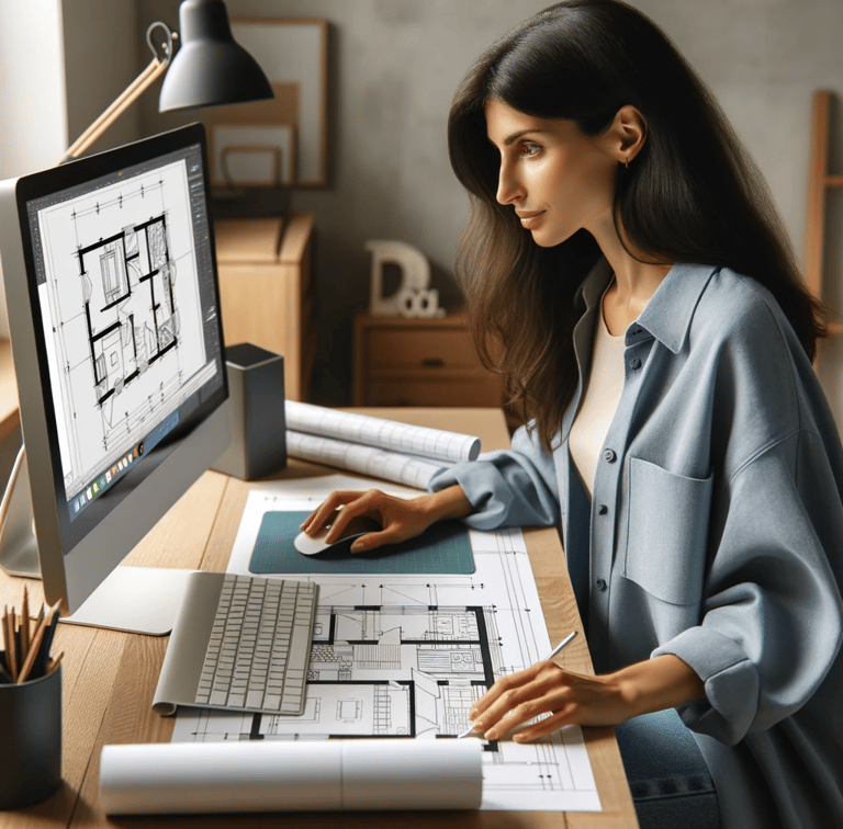 Collaboratrice dessinant un plan topographique sur ordinateur au bureau