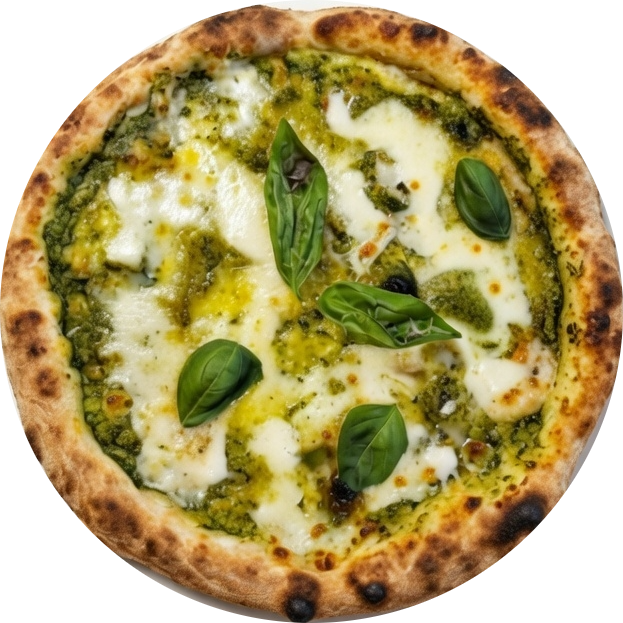 Fresh Neapolitan pizza with pesto sauce, melted mozzarella cheese, and green basil leaves.