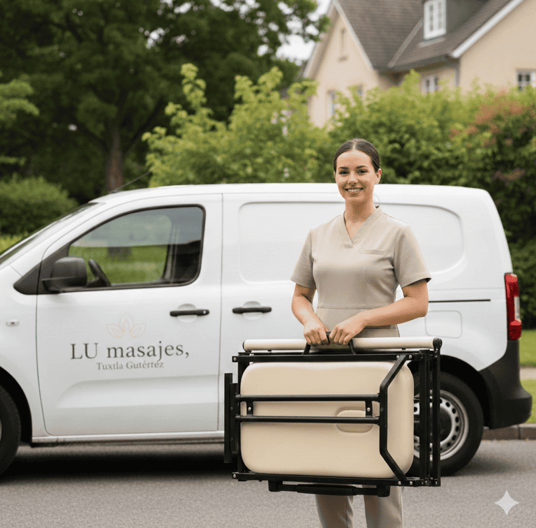 Masajista profesional sosteniendo una mesa portátil al lado de una camioneta de spa móvil de marca.