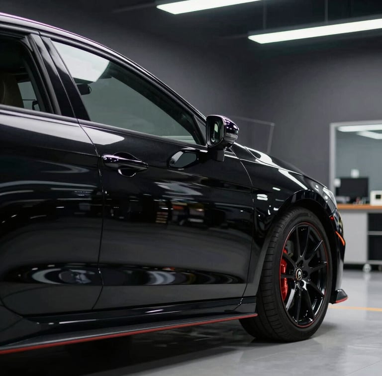Perfil de un auto deportivo negro bajo luces lineales de un taller clínico de alta gama, reflejos nítidos en la pintura fresca, fondo oscuro.
