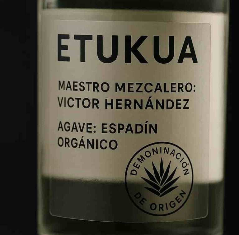 Ejemplo de etiqueta transparente con maestro mezcalero y tipo de agave en mezcal auténtico