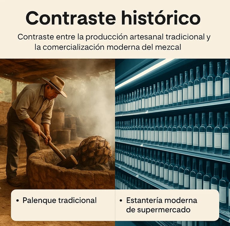 Diferencias visuales entre un palenque tradicional de mezcal artesanal y una estantería moderna 