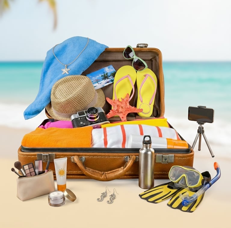 Must have travel essentials and packing accessories neatly arranged in luggage
