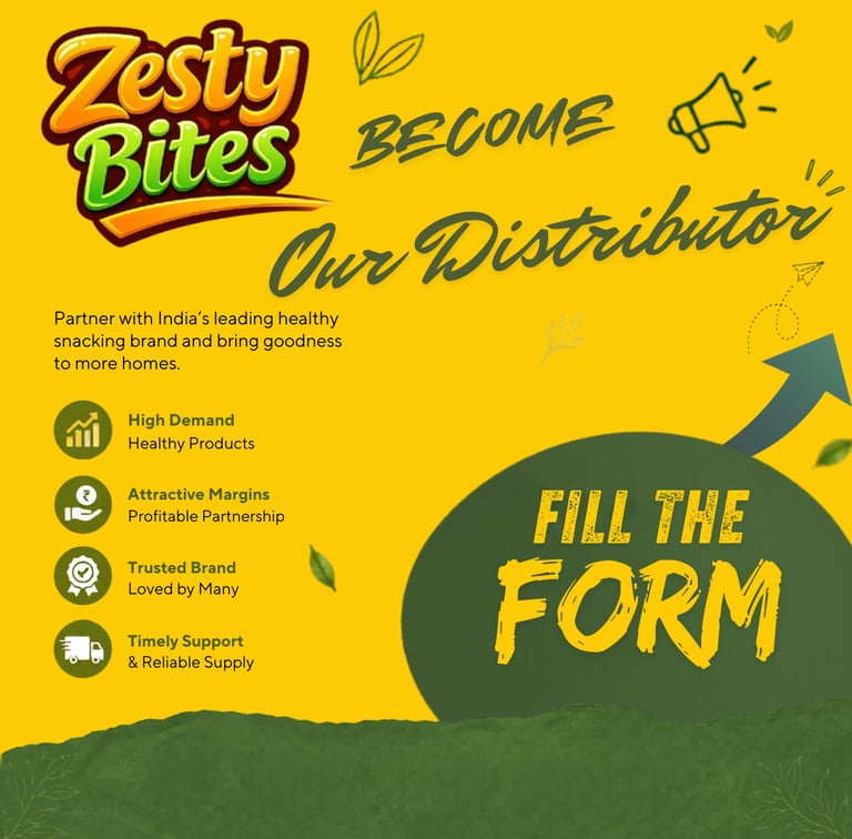 Zesty Bites healthy snacks distributor recruitment flyer with registration form call to action.