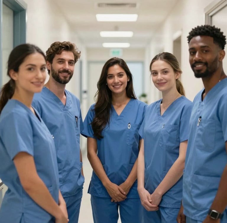 A professional and friendly medical team in a North American / US clinic hallway. They are wearing steel blue scrubs and standing in a clean, brightly lit modern medical facility with soft off-white walls.