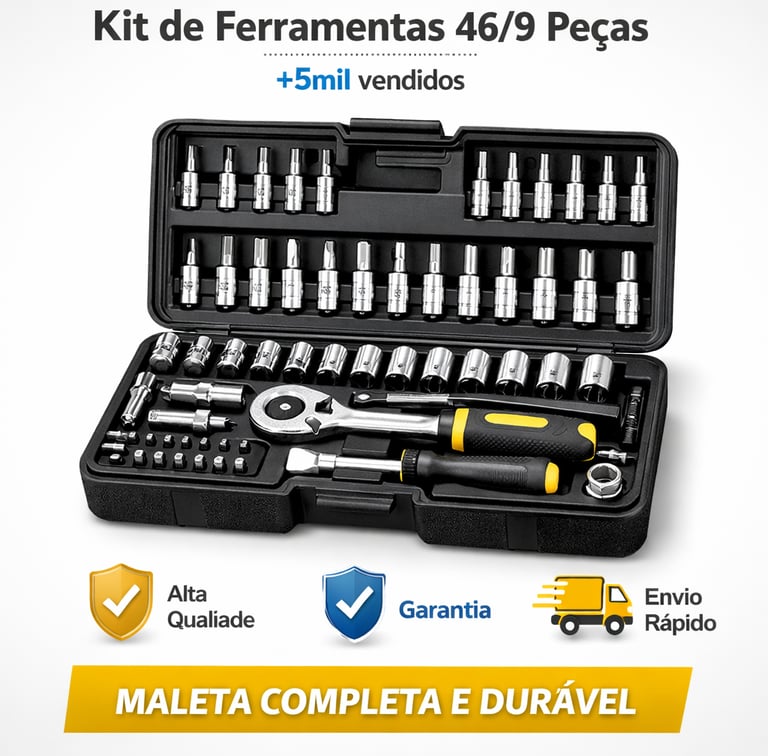 Kit de ferramentas profissional com 46 peças em maleta resistente, incluindo jogo de soquetes e chave catraca.