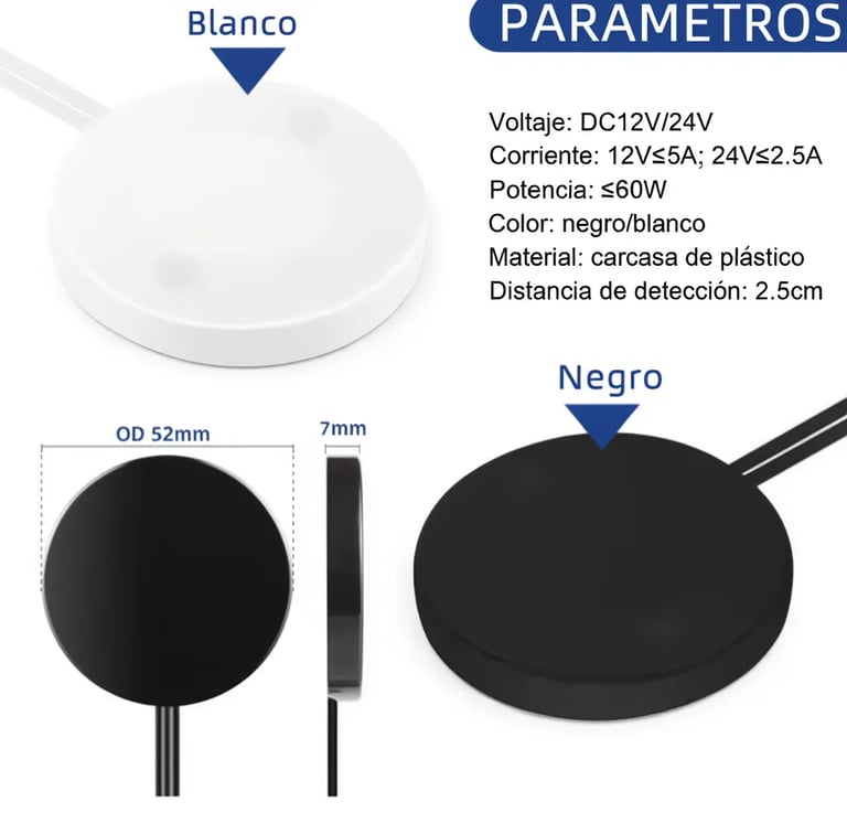 Sensor inteligente 12/24V: hasta 60W de potencia, disponible en blanco o negro.