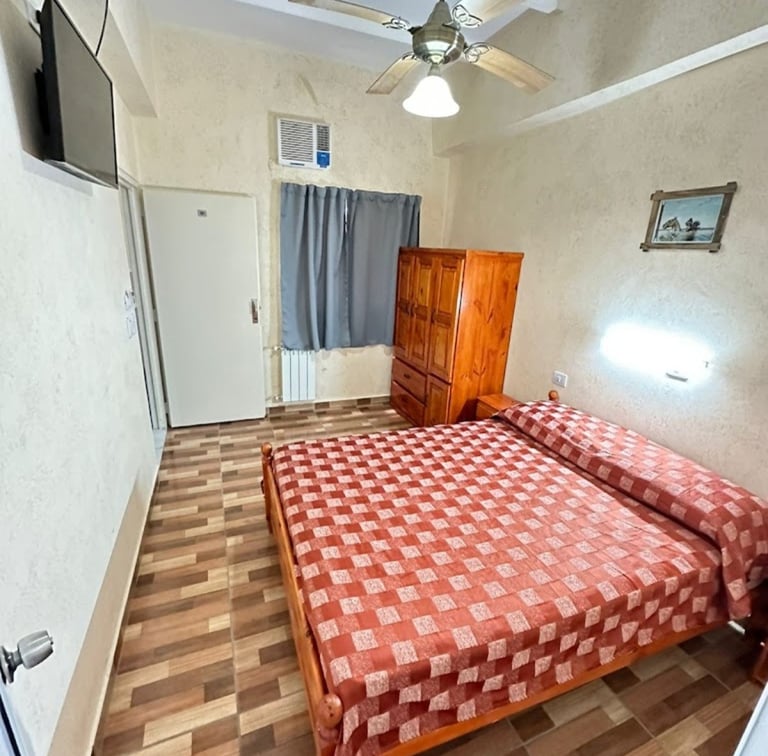 Un dormitorio con una cama y una televisión.