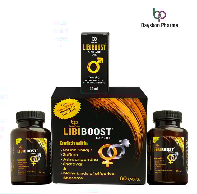Libiboost 30-day trial pack capsule + massage oil for men's wellness, ideal for first-time users