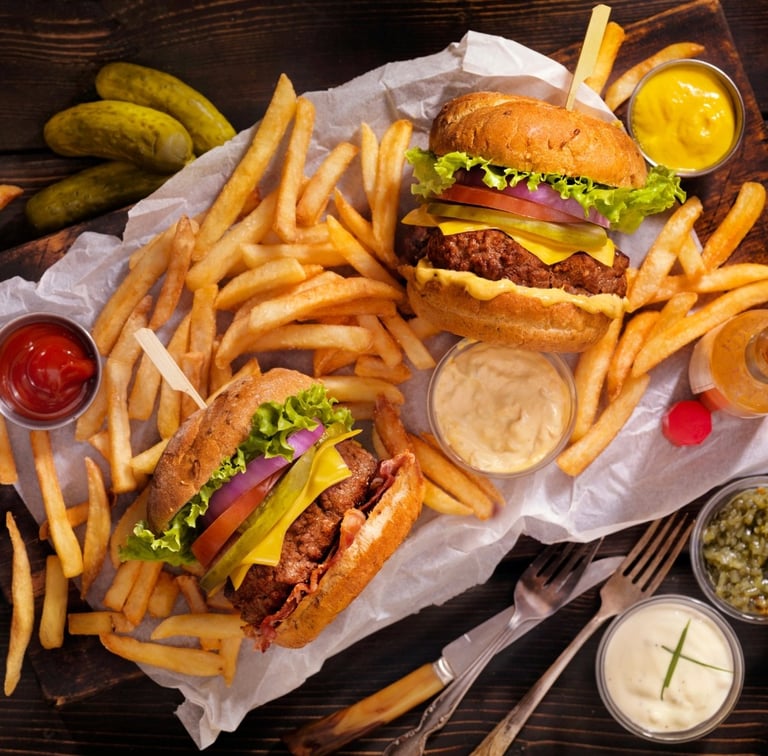 وجبة كومبو مكونة من برغر بالجبن والخس مع بطاطا مقلية ومجموعة صلصات متنوعة على طاولة خشبية