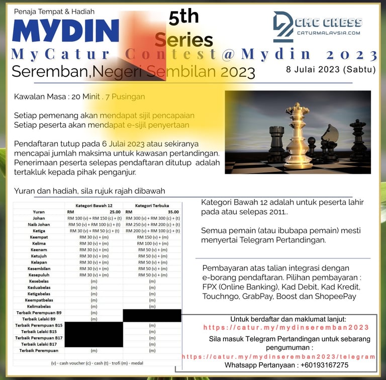 [CMC] MyCatur Contest Mydin 2023. Catur Malaysia. Chess Clicks. Malaysia Chess Tournaments