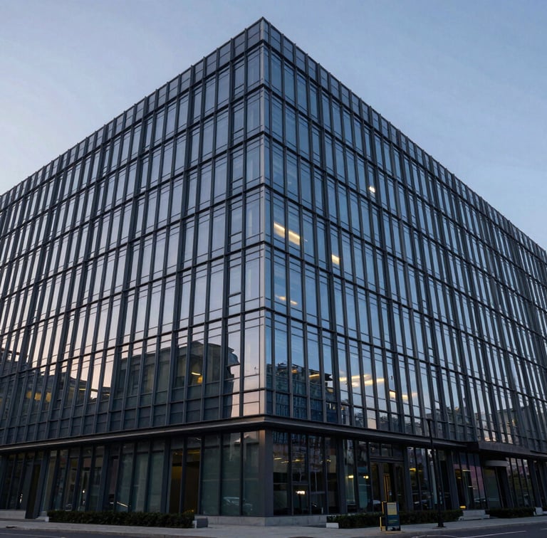 Wide-angle architectural shot of a modern, secure corporate headquarters glass facade at dusk, clean lines, sharp reflections, quiet and authoritative atmosphere.
