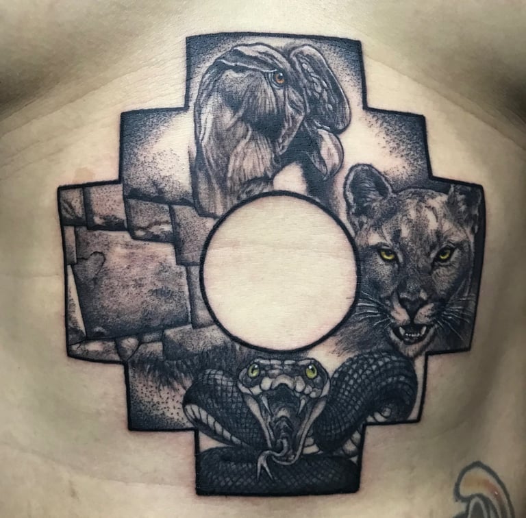 Andean trilogy and cross Chacana tattoo. top tattoo artist in Miraflores Lima
